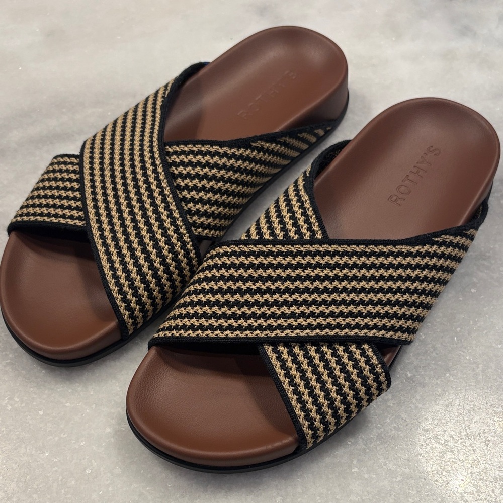 Rothy's Black and Tan Striped Slide Sandals- like new!